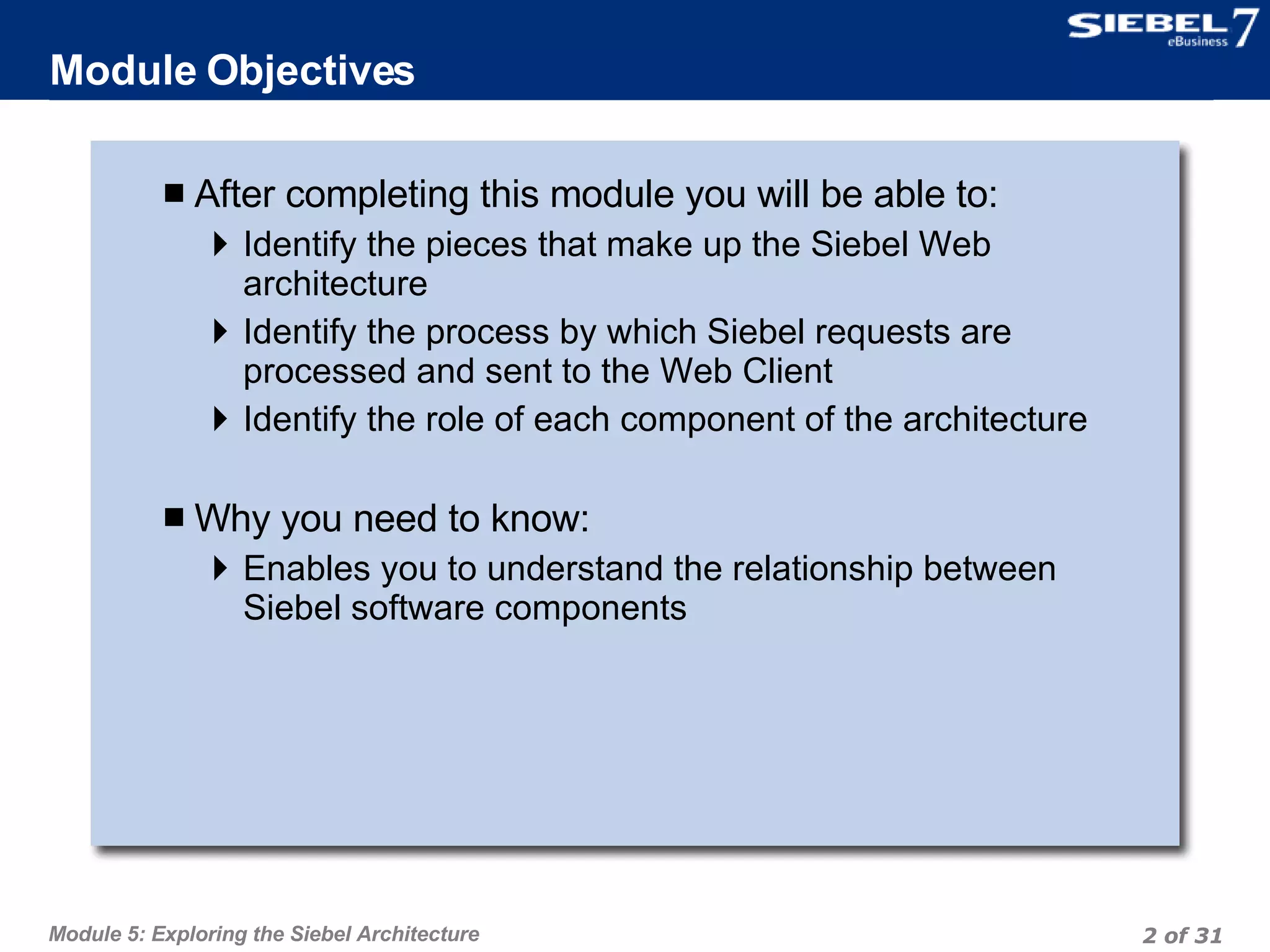 Module Objectives After completing this module you will be able to: Identify the pieces that make up the Siebel Web architecture Identify the process by which Siebel requests are processed and sent to the Web Client Identify the role of each component of the architecture Why you need to know: Enables you to understand the relationship between Siebel software components 