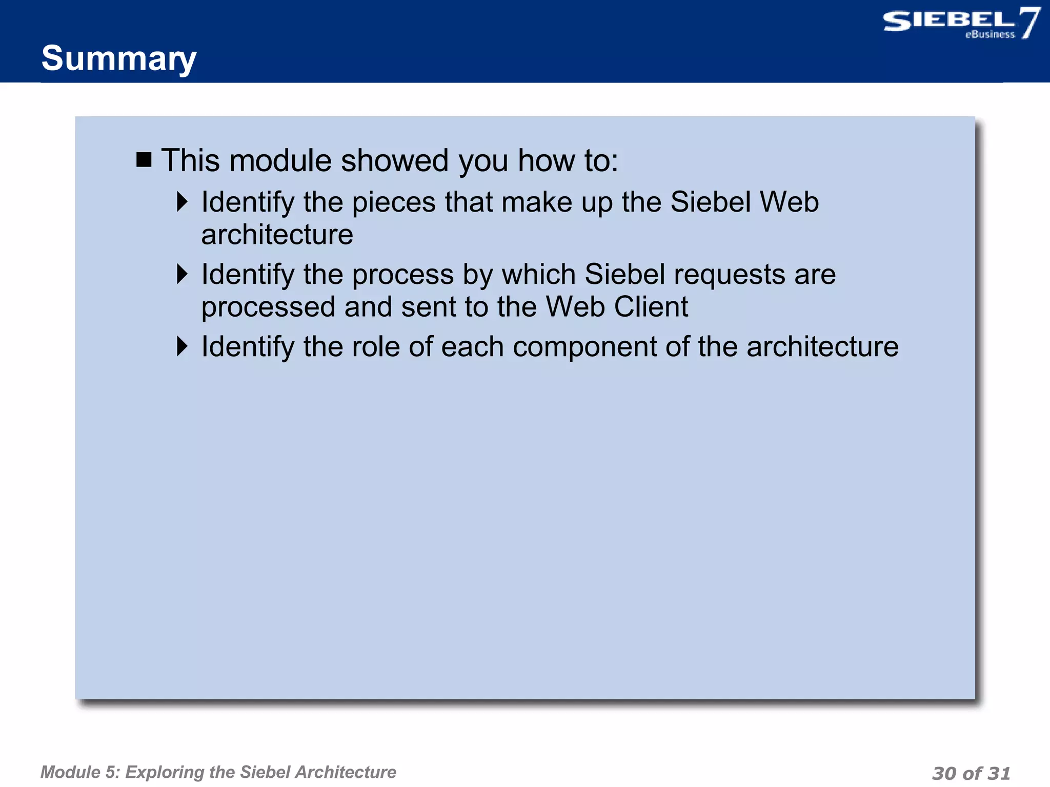 Summary This module showed you how to: Identify the pieces that make up the Siebel Web architecture Identify the process by which Siebel requests are processed and sent to the Web Client Identify the role of each component of the architecture 
