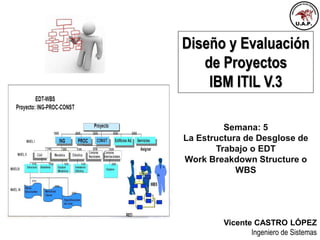 Diseño y Evaluación
de Proyectos
IBM ITIL V.3
Semana: 5
La Estructura de Desglose de
Trabajo o EDT
Work Breakdown Structure o
WBS
Vicente CASTRO LÓPEZ
Ingeniero de Sistemas
 