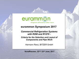 eurammon Symposium 2017
TITLE
SPEAKER
Schaffhausen, 22nd / 23rd June, 2017
Commercial Refrigeration Systems
with R290 and R1270 −
Criteria for the Selection and Layout of
Components and Pipe Work
Hermann Renz, BITZER GmbH
 