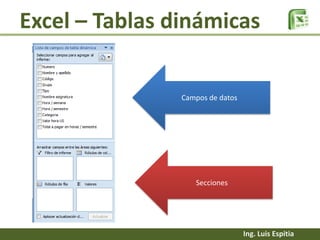 Excel – Tablas dinámicas

Campos de datos

Secciones

Ing. Luis Espitia

 