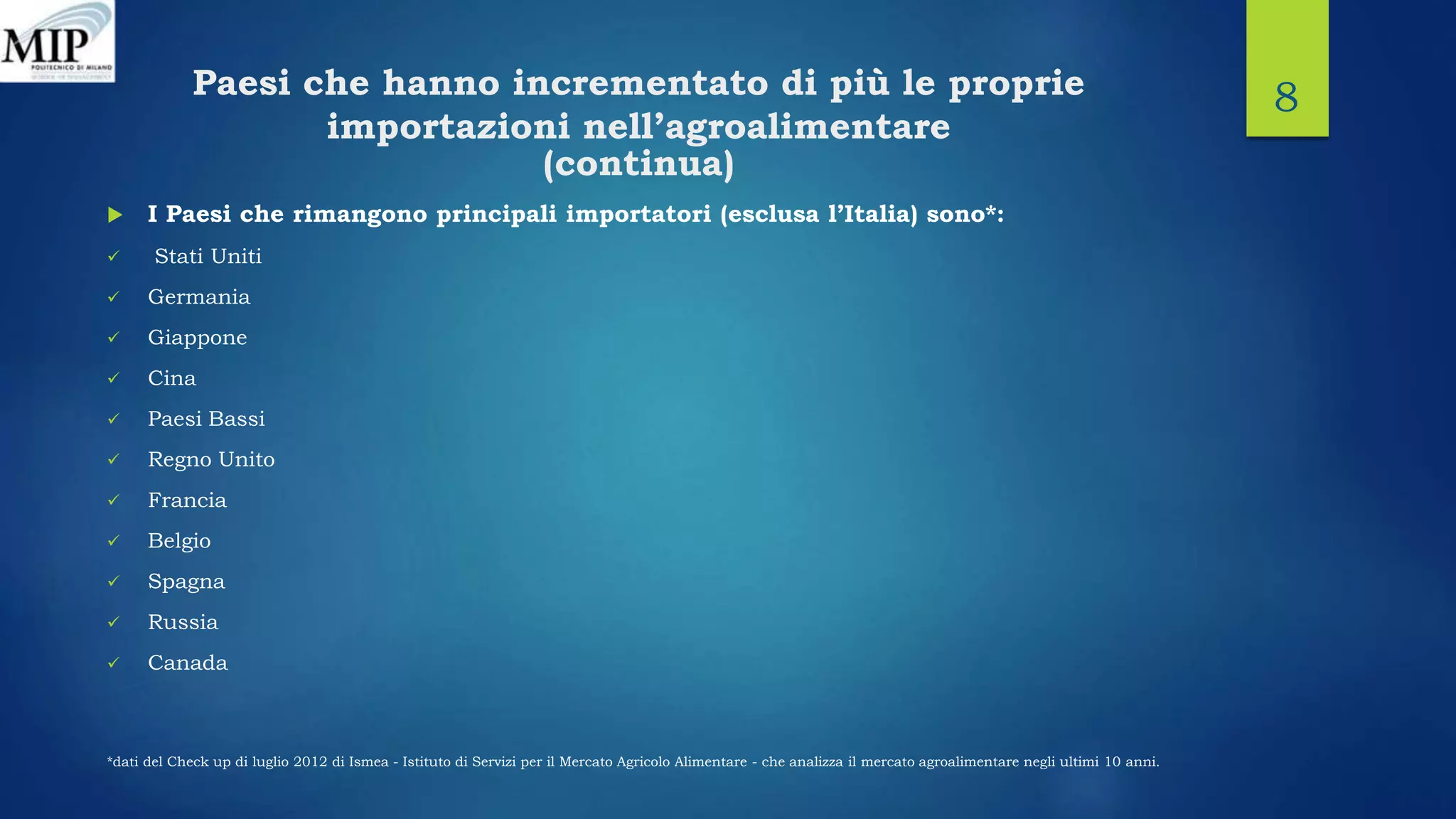 Paesi che hanno incrementato di più le proprie
importazioni nell’agroalimentare
(continua)
 I Paesi che rimangono principali importatori (esclusa l’Italia) sono*:
 Stati Uniti
 Germania
 Giappone
 Cina
 Paesi Bassi
 Regno Unito
 Francia
 Belgio
 Spagna
 Russia
 Canada
*dati del Check up di luglio 2012 di Ismea - Istituto di Servizi per il Mercato Agricolo Alimentare - che analizza il mercato agroalimentare negli ultimi 10 anni.
8
 