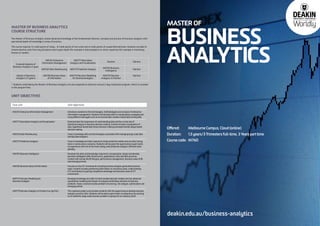 MASTER OF
BUSINESS
ANALYTICS
deakin.edu.au/business-analytics
Offered: 	 Melbourne Campus, Cloud (online)
Duration: 	 1.5 years/3Trimesters full-time, 3 Years part time
Course code: 	M760
The Master of Business Analytics builds advanced knowledge of the fundamental theories, concepts and practice of business analytics with
specialised depth of knowledge in areas of practice.
The course requires 12 credit points of study – 8 credit points of core units and 4 credit points of unspecified electives. Students are able to
choose elective units from any discipline area to gain depth (for example in data analytics) or sector expertise (for example in marketing,
finance or health).
MASTER OF BUSINESS ANALYTICS
COURSE STRUCTURE
Graduate Diploma of
Business Analytics (1 year)
MIS761 Enterprise
Information Management
MIS771 Descriptive
Analytics and Visualisation
Elective Elective
MIS762 Data Warehousing MIS772 Predictive Analysis
MIS781 Business
Intelligence
Elective
Master of Business
Analytics (1.5 years)
MIS782 Business Value
of Information
MIS775 Decision Modelling
for BusinessAnalytics
MIS779 Decision
Analytics in Practice
Elective
MIS761 Enterprise Information Management Introduces students to the technologies, methodologies and concepts of enterprise
information management. Students will develop skills in manipulating, managing and
using different data types such as structured data, location-based data and big data
MIS771 Descriptive Analytics and Visualisation+
Demonstrates the importance of understanding data and the crucial role of
statistical analysis in business decision-making. Content includes visualisation of
data, hypothesis based data-driven decision making and experimental design based
decision making.
MIS762 Data Warehousing Covers knowledge skills and technologies associated with managing large scale data
and Big Data Analytics.
MIS772 Predictive Analytics Covers knowledge and skills required to build predictive models and use data mining
tools in real business scenarios. Students will be given the opportunity to gain hands-
on experience with one of the most widely used predictive analytics software tools
globally.
MIS781 Business Intelligence Develops the skills and knowledge required to conceptualise, design and develop
business intelligence (BI) infrastructure, applications, tools and best practices.
Content will include the BI lifecycle, performance management: business value of BI,
and emerging trends.
MIS782 Business Value of Information Focuses on how ICT investments including business analytics generates business
value. Content includes positioning information as a business asset, understanding
ICTs contribution to gaining competitive advantage and business cases of ICT
investments.
MIS775 Decision Modelling for
Business Analytics
Develops knowledge and skills to build complex decision models and use advanced
quantitative modelling techniques to analyse and develop solutions to business
problems. Topics covered includes problem structuring, risk analysis, optimisation and
emerging trends.
MIS779 Decision Analytics in Practice (run by PwC) This capstone project unit provides students with the opportunity to develop business
analytics practice skills. Students will be able to gain hands-on experience by working
on an authentic large scale business problem in groups for an industry client.
Core unit 			 	 Unit objectives			
UNIT OBJECTIVES
* Students undertaking the Master of Business Analytics are also expected to attend an annual 2-day residential program, which is included
in the program fees.
 