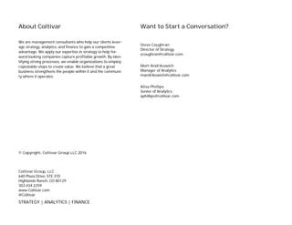About Coltivar
We are management consultants who help our clients lever-
age strategy, analytics, and ﬁnance to gain a competitive
advantage. We apply our expertise in strategy to help for-
ward-looking companies capture proﬁtable growth. By iden-
tifying strong processes, we enable organizations to employ
repeatable steps to create value. We believe that a great
business strengthens the people within it and the communi-
ty where it operates.
Want to Start a Conversation?
Steve Coughran
Director of Strategy
scoughran@coltivar.com
Matt Andrikowich
Manager of Analytics
mandrikowich@coltivar.com
Alisa Phillips
Senior of Analytics
aphillips@coltivar.com
© Copyright, Coltivar Group LLC 2016
Coltivar Group, LLC
640 Plaza Drive, STE 370
Highlands Ranch, CO 80129
303.434.2259
www.Coltivar.com
@Coltivar
STRATEGY | ANALYTICS | FINANCE
 