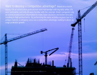 Want to develop a competitive advantage? Based on a recent
survey, 72% of construction professionals were not familiar with big data, while 22%
were somewhat, and only 6% were familiar with the concept. Smart companies rely
on statistical data-driven information to make faster decisions and better forecasts,
resulting in high performance. By performing the same activities as peers but in a
unique manner, a company carve out a competitive advantage, leading to above av-
erage proﬁtable growth.
Source: “Sage Construction and Real Estate: Information Technology Trends,” Sage, 2015.
 