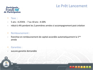 Le Prêt Lancement

• Taux :
-   5 ans : 4.25%% - 7 ou 10 ans : 4.50%
-   réduit à 4% pendant les 2 premières années si accompagnement post création


• Remboursement :
-   franchise en remboursement de capital accordée automatiquement la 1ère
    année


• Garanties :
-   aucune garantie demandée
 