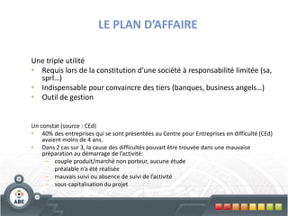 LE PLAN D’AFFAIRE

Une triple utilité
• Requis lors de la constitution d’une société à responsabilité limitée (sa,
  sprl…)
• Indispensable pour convaincre des tiers (banques, business angels…)
• Outil de gestion


Un constat (source : CEd)
• 40% des entreprises qui se sont présentées au Centre pour Entreprises en difficulté (CEd)
    avaient moins de 4 ans.
• Dans 2 cas sur 3, la cause des difficultés pouvait être trouvée dans une mauvaise
    préparation au démarrage de l’activité:
     – couple produit/marché non porteur, aucune étude
         préalable n’a été réalisée
     – mauvais suivi ou absence de suivi de l’activité
     – sous-capitalisation du projet
 