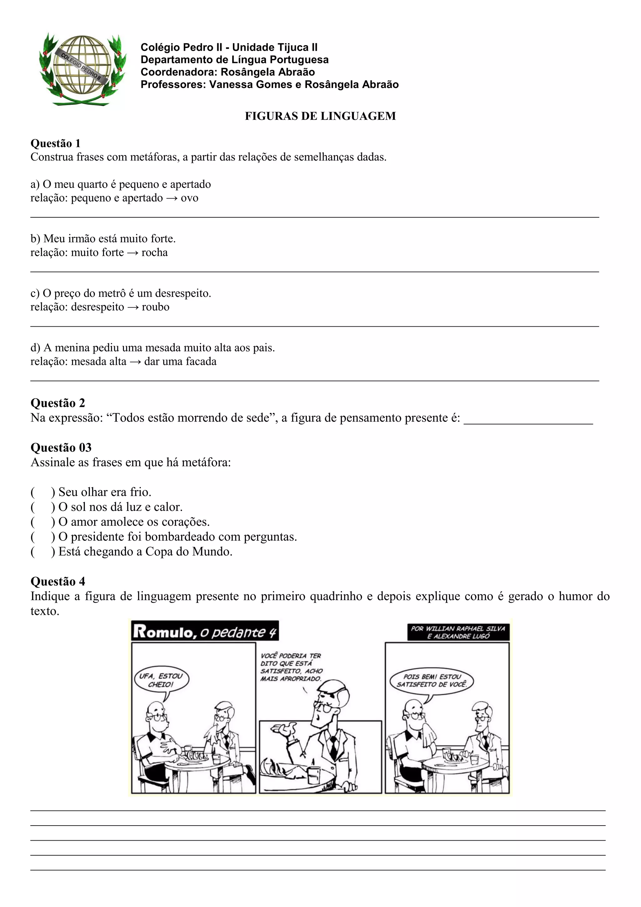 Exercícios Metáfora 7 Ano - BINKEDU