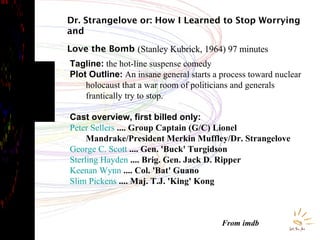 Dr. Strangelove or: How I Learned to Stop Worrying and  Love the Bomb  (Stanley Kubrick, 1964) 97 minutes Tagline:  the ho...