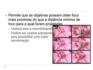    Permite que as objetivas possam obter foco
    mais próximas do que a distância mínima de
    foco para a qual foram projetadas
       Usados para a macrofotografia
       Podem ser usados sobrepostos,
        para possibilitar uma maior
        aproximação
 