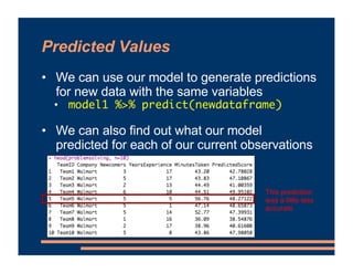 Predicted Values
• We can use our model to generate predictions
for new data with the same variables
• model1 %>% predict(newdataframe)
• We can also find out what our model
predicted for each of our current observations
This prediction
was a little less
accurate
 