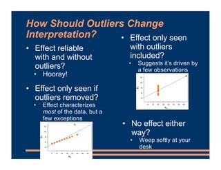 How Should Outliers Change
Interpretation?
• Effect reliable
with and without
outliers?
• Hooray!
• Effect only seen
with ...