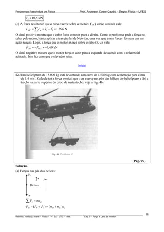 Problemas Resolvidos de Física                      Prof. Anderson Coser Gaudio – Depto. Física – UFES

        T2 ≈ 10,5 kN
(c) A força resultante que o cabo exerce sobre o motor (FMC) sobre o motor vale:
        FMC = ∑ Fx = T1' − T2' = 1.596 N
O sinal positivo mostra que o cabo força o motor para a direita. Como o problema pede a força no
cabo pelo motor, basta aplicar a terceira lei de Newton, uma vez que essas forças formam um par
ação-reação. Logo, a força que o motor exerce sobre o cabo (FCM) vale:
        FCM = − FMC ≈ −1, 60 kN
O sinal negativo mostra que o motor força o cabo para a esquerda de acordo com o referencial
adotado. Isso faz com que o elevador suba.

                                                  [Início]


62. Um helicóptero de 15.000 kg está levantando um carro de 4.500 kg com aceleração para cima
    de 1,4 m/s2. Calcule (a) a força vertical que o ar exerce nas pás das hélices do helicóptero e (b) a
    tração na parte superior do cabo de sustentação; veja a Fig. 46.




                                                                                               (Pág. 95)
Solução.
(a) Forças nas pás das hélices:
          F ar
                        a     y

            Hélices


          P
        ∑F       y   = ma y
        FAr − ( PH + PC ) = ( mH + mC ) a y

________________________________________________________________________________________________________   18
                                       a
Resnick, Halliday, Krane - Física 1 - 4 Ed. - LTC - 1996. Cap. 5 – Força e Leis de Newton
 