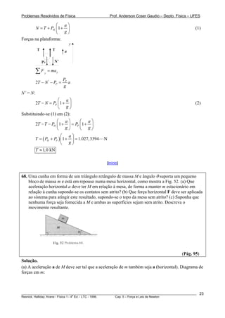 Problemas Resolvidos de Física                       Prof. Anderson Coser Gaudio – Depto. Física – UFES

                   ⎛ a⎞
       N = T + PH ⎜1 + ⎟                                                                               (1)
                   ⎝ g⎠
Forças na plataforma:
                                 y
           T          T      a

               PP       N’

          ∑F    y
                    = ma y
                             PP
          2T − N ' − PP =       a
                             g
N’ = N:
                    ⎛ a⎞
        2T − N = PP ⎜1 + ⎟                                                                             (2)
                    ⎝ g⎠
Substituindo-se (1) em (2):
                      ⎛ a⎞        ⎛ a⎞
          2T − T − PH ⎜1 + ⎟ = PP ⎜ 1 + ⎟
                      ⎝ g⎠        ⎝ g⎠
                          ⎛ a⎞
          T = ( PH + PP ) ⎜ 1 + ⎟ = 1.027,3394   N
                          ⎝ g⎠
          T ≈ 1, 0 kN

                                                  [Início]


68. Uma cunha em forma de um triângulo retângulo de massa M e ângulo θ suporta um pequeno
    bloco de massa m e está em repouso numa mesa horizontal, como mostra a Fig. 52. (a) Que
    aceleração horizontal a deve ter M em relação à mesa, de forma a manter m estacionário em
    relação à cunha supondo-se os contatos sem atrito? (b) Que força horizontal F deve ser aplicada
    ao sistema para atingir este resultado, supondo-se o topo da mesa sem atrito? (c) Suponha que
    nenhuma força seja fornecida a M e ambas as superfícies sejam sem atrito. Descreva o
    movimento resultante.




                                                                                               (Pág. 95)
Solução.
(a) A aceleração a de M deve ser tal que a aceleração de m também seja a (horizontal). Diagrama de
forças em m:



________________________________________________________________________________________________________   23
                                       a
Resnick, Halliday, Krane - Física 1 - 4 Ed. - LTC - 1996. Cap. 5 – Força e Leis de Newton
 