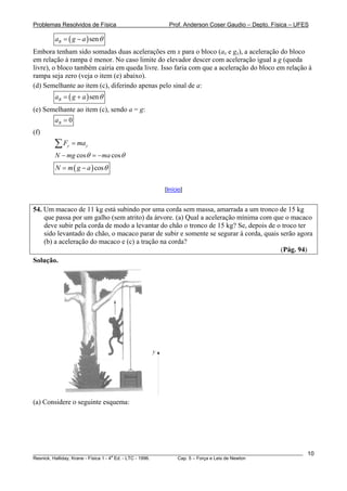 Problemas Resolvidos de Física Prof. Anderson Coser Gaudio – Depto. Física – UFES
( )senBa g a θ= −
Embora tenham sido somadas duas acelerações em x para o bloco (ax e gx), a aceleração do bloco
em relação à rampa é menor. No caso limite do elevador descer com aceleração igual a g (queda
livre), o bloco também cairia em queda livre. Isso faria com que a aceleração do bloco em relação à
rampa seja zero (veja o item (e) abaixo).
(d) Semelhante ao item (c), diferindo apenas pelo sinal de a:
( )senBa g a θ= +
(e) Semelhante ao item (c), sendo a = g:
0Ba =
(f)
y yF ma=∑
cos cosN mg maθ θ− = −
( )cosN m g a θ= −
[Início]
54. Um macaco de 11 kg está subindo por uma corda sem massa, amarrada a um tronco de 15 kg
que passa por um galho (sem atrito) da árvore. (a) Qual a aceleração mínima com que o macaco
deve subir pela corda de modo a levantar do chão o tronco de 15 kg? Se, depois de o troco ter
sido levantado do chão, o macaco parar de subir e somente se segurar à corda, quais serão agora
(b) a aceleração do macaco e (c) a tração na corda?
(Pág. 94)
Solução.
y
(a) Considere o seguinte esquema:
________________________________________________________________________________________________________
Resnick, Halliday, Krane - Física 1 - 4
a
Ed. - LTC - 1996. Cap. 5 – Força e Leis de Newton
10
 