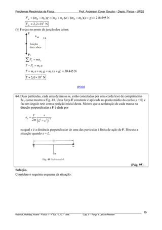 Problemas Resolvidos de Física Prof. Anderson Coser Gaudio – Depto. Física – UFES
________________________________________________________________________________________________________
Resnick, Halliday, Krane - Física 1 - 4
a
Ed. - LTC - 1996. Cap. 5 – Força e Leis de Newton
19
( ) ( ) ( )( ) 218.595 NAr H C H C H CF m m g m m a m m a g= + + + = + + =
5
2,2 10 NArF ≈ ×
(b) Forças no ponto de junção dos cabos:
T
PC
Junção
dos cabos
ya
y yF ma=∑
C CT P m a− =
( ) 50.445 NC C CT m a m g m a g= + = + =
4
5,0 10 NT ≈ ×
[Início]
64. Duas partículas, cada uma de massa m, estão conectadas por uma corda leve de comprimento
2L, como mostra a Fig. 48. Uma força F constante é aplicada no ponto médio da corda (x = 0) e
faz um ângulo reto com a posição inicial desta. Mostre que a aceleração de cada massa na
direção perpendicular a F é dada por
( )
1/22 22
x
F x
a
m L x
=
−
na qual x é a distância perpendicular de uma das partículas à linha de ação de F. Discuta a
situação quando x = L.
(Pág. 95)
Solução.
Considere o seguinte esquema da situação:
 