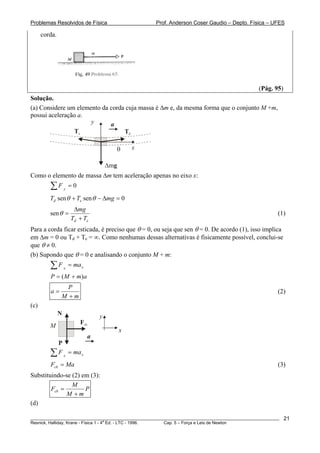 Problemas Resolvidos de Física Prof. Anderson Coser Gaudio – Depto. Física – UFES
corda.
(Pág. 95)
Solução.
(a) Considere um elemento da corda cuja massa é Δm e, da mesma forma que o conjunto M +m,
possui aceleração a.
Δmg
TdTe
x
y
θ
a
Como o elemento de massa Δm tem aceleração apenas no eixo x:
0=∑ y
F
0sensen =Δ−+ mgTT ed θθ
ed TT
mg
+
Δ
=θsen (1)
Para a corda ficar esticada, é preciso que θ = 0, ou seja que sen θ = 0. De acordo (1), isso implica
em Δm = 0 ou Td + Te = ∞. Como nenhumas dessas alternativas é fisicamente possível, conclui-se
que θ ≠ 0.
(b) Supondo que θ = 0 e analisando o conjunto M + m:
xx
maF =∑
amMP )( +=
mM
P
a
+
= (2)
(c)
M
Fcb
x
y
a
N
P
xx
maF =∑
(3)MaFcb =
Substituindo-se (2) em (3):
P
mM
M
Fcb
+
=
(d)
________________________________________________________________________________________________________
Resnick, Halliday, Krane - Física 1 - 4
a
Ed. - LTC - 1996. Cap. 5 – Força e Leis de Newton
21
 
