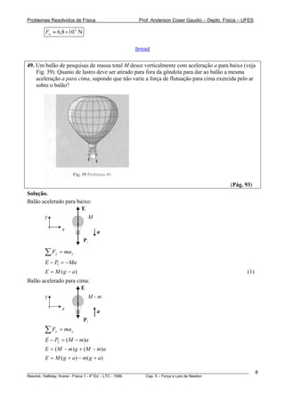 Problemas Resolvidos de Física Prof. Anderson Coser Gaudio – Depto. Física – UFES
N106,8 3
×≈aF
[Início]
49. Um balão de pesquisas de massa total M desce verticalmente com aceleração a para baixo (veja
Fig. 39). Quanto de lastro deve ser atirado para fora da gôndola para dar ao balão a mesma
aceleração a para cima, supondo que não varie a força de flutuação para cima exercida pelo ar
sobre o balão?
(Pág. 93)
Solução.
Balão acelerado para baixo:
E
P1
ax
y M
yy maF =∑
MaPE −=− 1
(1))( agME −=
Balão acelerado para cima:
E
P2
ax
y M - m
yy maF =∑
amMPE )(2 −=−
amMgmME )()( −+−=
)()( agmagME +−+=
________________________________________________________________________________________________________
Resnick, Halliday, Krane - Física 1 - 4
a
Ed. - LTC - 1996. Cap. 5 – Força e Leis de Newton
8
 