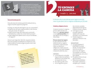 4 crecemype.pe
La formalidad es un buen
indicador de tu compromiso
con las leyes peruanas y de la
seriedad con la que realizas
tu trabajo. Además, mejora
mucho la imagen de tu
negocio ante tus clientes. ...y también el uniforme
La decisión sobre los partidos que quieres jugar la tienes que
tomar tú, pero dentro de las categorías establecidas por el Estado.
Analiza y dispara al arco
Si deseas constituir tu negocio,
primero debes decidir si lo
haces como persona natural
o como persona jurídica. He
aquí algunas de sus ventajas y
desventajas:
Persona natural con negocio
Es para toda persona que
decide formar un negocio
asumiendo a título personal
todos sus derechos y
obligaciones. Suele usarse en
negocios comerciales (bodegas,
restaurantes, librerías, etc).
Ventajas:
a.	 La formalización es sencilla:
exige la obtención de RUC y
declaración ante SUNAT. No
se requiere de minuta.
b.	 No implica un alto costo.
c.	 Se les exige llevar pocos
Tú escoges
la cancha
crecemype.pe 5
•••
La formalización
empresarial es el proceso
por el cual un negocio es
reconocido como tal por el
Estado peruano, gracias a
que ha cumplido con una
serie de requisitos legales.
Concentración previa
Antes de iniciar los trámites para la formalización de tu
negocio hazte las siguientes preguntas:
•	¿Tengo una idea clara del negocio que voy a emprender?
•	¿Qué formas de hacer empresa existen y cuál conviene
más para mi tipo de negocio?
•	¿Qué trámites tengo que realizar para constituirlo
formalmente y cuánto me costará todo el proceso?
•	¿Qué obligaciones deberé asumir una vez formalizado
mi negocio?
Una vez que tengas bien claras las respuestas estarás
listo para constituir formalmente tu empresa. En este
coleccionable te brindamos algunas pautas sobre cada
uno de estos temas.
documentos contables
(dependiendo del régimen
tributario al que se acojan).
d.	 Si el negocio va mal,
se puede replantear
rápidamente el giro de
actividad o cerrar fácilmente.
e.	 Puedes acogerte a
regímenes tributarios más
favorables.
Desventajas:
a.	 La responsabilidad es
ILIMITADA. Si existen
deudas, el emprendedor
recurrirá no solo al
patrimonio del negocio
sino también a sus bienes
personales (casa, carro, etc.)
para pagarla.
b.	 El capital se limita a lo que
aporta el dueño.
c.	 Reduce las posibilidades
de acceder a préstamos
otorgados por entidades
 