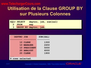 5-17 Copyright © Oracle Corporation, 1998. Tous droits réservés.
Utilisation de la Clause GROUP BY
sur Plusieurs Colonnes
SQL> SELECT deptno, job, sum(sal)
2 FROM emp
3 GROUP BY deptno, job;
DEPTNO JOB SUM(SAL)
--------- --------- ---------
10 CLERK 1300
10 MANAGER 2450
10 PRESIDENT 5000
20 ANALYST 6000
20 CLERK 1900
...
9 rows selected.
www.TelechargerCours.com
 