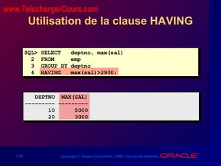 5-22 Copyright © Oracle Corporation, 1998. Tous droits réservés.
Utilisation de la clause HAVING
SQL> SELECT deptno, max(sal)
2 FROM emp
3 GROUP BY deptno
4 HAVING max(sal)>2900;
DEPTNO MAX(SAL)
--------- ---------
10 5000
20 3000
www.TelechargerCours.com
 