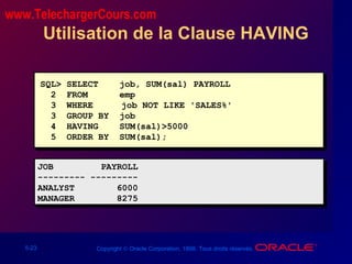 5-23 Copyright © Oracle Corporation, 1998. Tous droits réservés.
Utilisation de la Clause HAVING
SQL> SELECT job, SUM(sal) PAYROLL
2 FROM emp
3 WHERE job NOT LIKE 'SALES%'
3 GROUP BY job
4 HAVING SUM(sal)>5000
5 ORDER BY SUM(sal);
JOB PAYROLL
--------- ---------
ANALYST 6000
MANAGER 8275
www.TelechargerCours.com
 
