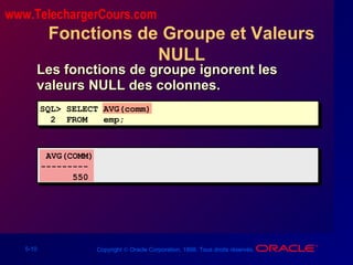 5-10 Copyright © Oracle Corporation, 1998. Tous droits réservés.
Fonctions de Groupe et Valeurs
NULL
Les fonctions de groupe ignorent lesLes fonctions de groupe ignorent les
valeurs NULL des colonnes.valeurs NULL des colonnes.
SQL> SELECT AVG(comm)
2 FROM emp;
AVG(COMM)
---------
550
www.TelechargerCours.com
 