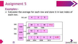 Examples:-
 Calculate the average for each row and store it in last index of
each row.
Assignment 5
500
504
508
30 5 18 17.6
12 6 9
1 8 6 2 4.25
1000 1008
1004
2000 2004
3000 3012
3008
3004
1000
2000
3000
4 3 5
int arr
 