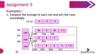 Examples:-
 Compare the average of each row and sort the rows
accordingly.
Assignment 5
500
504
508
30 5 18 17.6
12 6 9
1 8 6 2 4.25
1000 1008
1004
2000 2004
3000 3012
3008
3004
3000
2000
1000
5 3 4
int arr
 