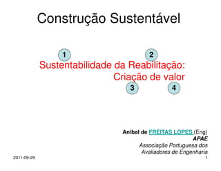 Construção Sustentável

                  1                      2
             Sustentabilidade da Reabilitação:
                              Criação de valor
                                 3               4




                               Anibal de FREITAS LOPES (Eng)
                                                         APAE
                                     Associação Portuguesa dos
                                      Avaliadores de Engenharia
2011-09-29                                                    1
 