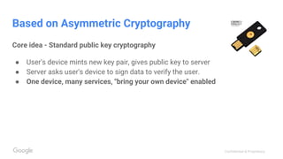Confidential & Proprietary
Based on Asymmetric Cryptography
Core idea - Standard public key cryptography
● User's device mints new key pair, gives public key to server
● Server asks user's device to sign data to verify the user.
● One device, many services, "bring your own device" enabled
 