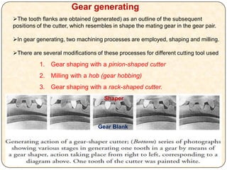 Gear generating
The tooth flanks are obtained (generated) as an outline of the subsequent
positions of the cutter, which resembles in shape the mating gear in the gear pair.
In gear generating, two machining processes are employed, shaping and milling.
There are several modifications of these processes for different cutting tool used
1. Gear shaping with a pinion-shaped cutter
2. Milling with a hob (gear hobbing)
3. Gear shaping with a rack-shaped cutter.
Gear Blank
Shaper
 