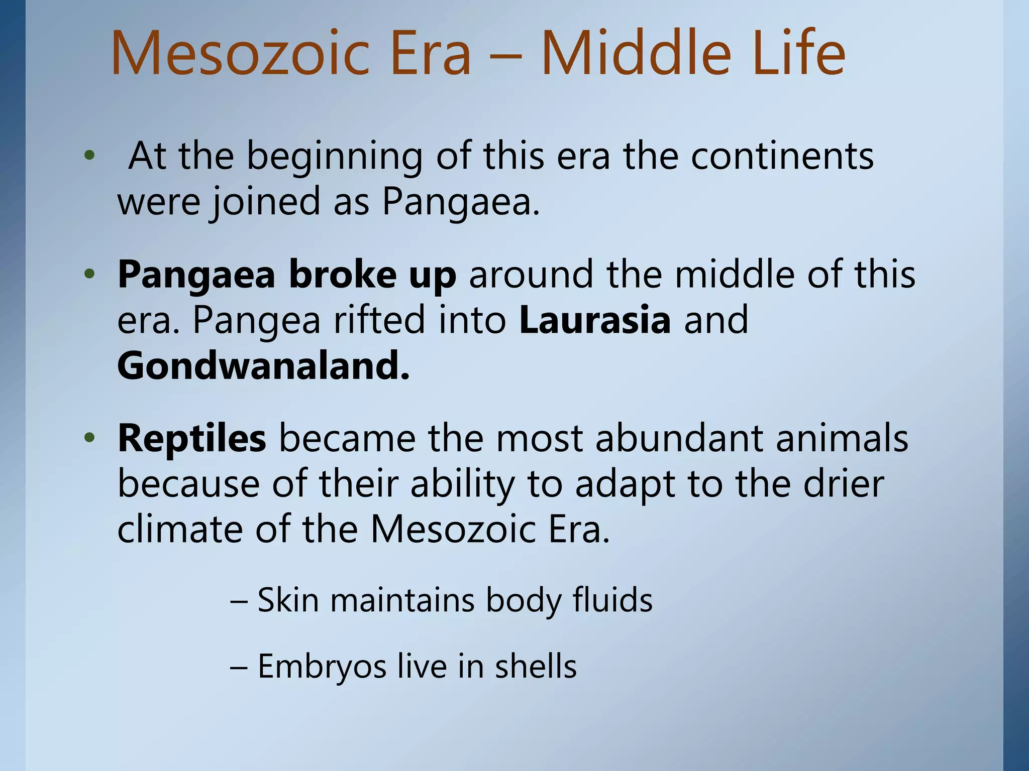 Mesozoic Era – Middle Life
• At the beginning of this era the continents
were joined as Pangaea.
• Pangaea broke up around the middle of this
era. Pangea rifted into Laurasia and
Gondwanaland.
• Reptiles became the most abundant animals
because of their ability to adapt to the drier
climate of the Mesozoic Era.
– Skin maintains body fluids
– Embryos live in shells
 