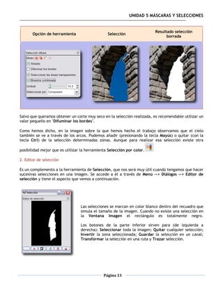 UNIDAD 5 MÁSCARAS Y SELECCIONES


                                                                         Resultado selección
       Opción de herramienta                    Selección
                                                                               borrada




Salvo que queramos obtener un corte muy seco en la selección realizada, es recomendable utilizar un
valor pequeño en "Difuminar los bordes".

Como hemos dicho, en la imagen sobre la que hemos hecho el trabajo observamos que el cielo
también se ve a través de los arcos. Podemos añadir (presionando la tecla Mayús) o quitar (con la
tecla Ctrl) de la selección determinadas zonas. Aunque para realizar esa selección existe otra

posibilidad mejor que es utilizar la herramienta Selección por color.

2. Editor de selección

Es un complemento a la herramienta de Selección, que nos será muy útil cuando tengamos que hacer
sucesivas selecciones en una imagen. Se accede a él a través de Menú --> Diálogos --> Editor de
selección y tiene el aspecto que vemos a continuación.




                                 Las selecciones se marcan en color blanco dentro del recuadro que
                                 simula el tamaño de la imagen. Cuando no existe una selección en
                                 la Ventana Imagen el rectángulo es totalmente negro.

                                 Los botones de la parte inferior sirven para (de izquierda a
                                 derecha): Seleccionar toda la imagen; Quitar cualquier selección;
                                 Invertir la zona seleccionada; Guardar la selección en un canal;
                                 Transformar la selección en una ruta y Trazar selección.




                                              Página 13
 