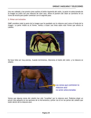 UNIDAD 5 MÁSCARAS Y SELECCIONES

Una vez rodeado y tan pronto como sueltes el botón izquierdo del ratón, la parte no seleccionada de
la imagen se cubre con una máscara de color azul. Ahora el puntero del ratón se convierte en un
icono de brocha para poder comenzar con el segundo paso.

2. Pintar con la brocha

GIMP considera toda la parte de la imagen que ha quedado con la máscara azul como el fondo de la
imagen. La parte visible es el frente. Vamos a trazar una línea sobre este frente que afecte al
caballo.




No hace falta ser muy preciso. Cuando terminemos, liberamos el botón del ratón. y la máscara se
adapta.




Vemos que algunas zonas del caballo han sido "invadidas" por la máscara azul. Podemos elegir un
pincel más pequeño en las opciones de la herramienta y pintar con él en las partes del caballo que
estén dentro de la máscara azul.




                                             Página 20
 