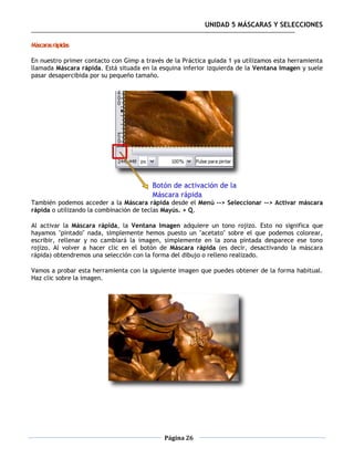 UNIDAD 5 MÁSCARAS Y SELECCIONES

Máscaras rápidas

En nuestro primer contacto con Gimp a través de la Práctica guiada 1 ya utilizamos esta herramienta
llamada Máscara rápida. Está situada en la esquina inferior izquierda de la Ventana Imagen y suele
pasar desapercibida por su pequeño tamaño.




También podemos acceder a la Máscara rápida desde el Menú --> Seleccionar --> Activar máscara
rápida o utilizando la combinación de teclas Mayús. + Q.

Al activar la Máscara rápida, la Ventana Imagen adquiere un tono rojizo. Esto no significa que
hayamos "pintado" nada, simplemente hemos puesto un "acetato" sobre el que podemos colorear,
escribir, rellenar y no cambiará la imagen, simplemente en la zona pintada desparece ese tono
rojizo. Al volver a hacer clic en el botón de Máscara rápida (es decir, desactivando la máscara
rápida) obtendremos una selección con la forma del dibujo o relleno realizado.

Vamos a probar esta herramienta con la siguiente imagen que puedes obtener de la forma habitual.
Haz clic sobre la imagen.




                                             Página 26
 
