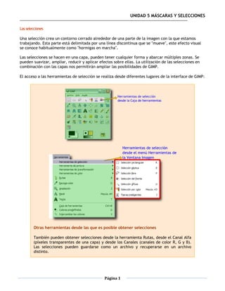 UNIDAD 5 MÁSCARAS Y SELECCIONES

Las selecciones

Una selección crea un contorno cerrado alrededor de una parte de la imagen con la que estamos
trabajando. Esta parte está delimitada por una línea discontinua que se "mueve", este efecto visual
se conoce habitualmente como "hormigas en marcha".

Las selecciones se hacen en una capa, pueden tener cualquier forma y abarcar múltiples zonas. Se
pueden suavizar, ampliar, reducir y aplicar efectos sobre ellas. La utilización de las selecciones en
combinación con las capas nos permitirán ampliar las posibilidades de GIMP.

El acceso a las herramientas de selección se realiza desde diferentes lugares de la interface de GIMP:




        Otras herramientas desde las que es posible obtener selecciones

        También pueden obtener selecciones desde la herramienta Rutas, desde el Canal Alfa
        (píxeles transparentes de una capa) y desde los Canales (canales de color R, G y B).
        Las selecciones pueden guardarse como un archivo y recuperarse en un archivo
        distinto.




                                               Página 1
 