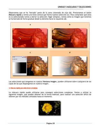 UNIDAD 5 MÁSCARAS Y SELECCIONES

Observamos que se ha "borrado" parte de la zona coloreada de rojo (b). Presionamos el botón
Máscara rápida y vemos una línea central que forma nuestra selección (c). Para comprobar qué zona
es la seleccionada vamos a borrar la selección: Supr (limpiar), vemos cómo la imagen que tenemos
se ha borrado de forma gradual desde la derecha hacia la izquierda (d).


                                a                                      b




                                c                                      d




Las selecciones que tengamos en nuestra Ventana imagen, pueden utilizarse sobre cualquiera de las
capas de las que dispongamos en nuestra imagen.

2. Máscara rápida para selecciones complejas

La máscara rápida puede utilizarse para conseguir selecciones complejas. Vamos a utilizar la
siguiente imagen, que puedes obtener de la forma habitual, para realizar una selección difícil de
obtener por los métodos utilizados hasta el momento.




                                               Página 28
 