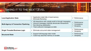 TAKING IT TO THE NEXT LEVEL
Local Application State
 Application state fully in local memory
 Eliminate Remoting
 Performance
Multi-Agency & Transaction Pipelining
 All interactions with outside world is through messaging
 Inbound messages implicitly demarcate transactions
 Non-blocking stabilization
 Treat outbound messages as state
 Performance
 Consistency
 Simplicity
Single Threaded Business Logic  Eliminate concurrent state management
 Performance
 Simplicity
Structured State
 Support full language data model
 Code truly assumes memory is durable
 Performance
 Simplicity
 