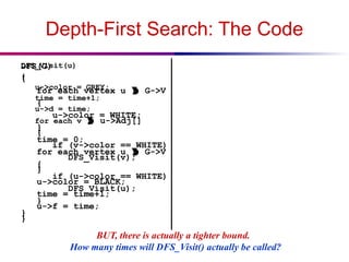 Depth-First Search: The Code
DFS(G)
{
for each vertex u  G->V
{
u->color = WHITE;
}
time = 0;
for each vertex u  G->V
{
if (u->color == WHITE)
DFS_Visit(u);
}
}
DFS_Visit(u)
{
u->color = GREY;
time = time+1;
u->d = time;
for each v  u->Adj[]
{
if (v->color == WHITE)
DFS_Visit(v);
}
u->color = BLACK;
time = time+1;
u->f = time;
}
BUT, there is actually a tighter bound.
How many times will DFS_Visit() actually be called?
 