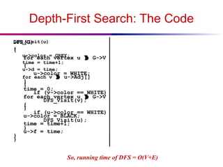 Depth-First Search: The Code
DFS(G)
{
for each vertex u  G->V
{
u->color = WHITE;
}
time = 0;
for each vertex u  G->V
{
if (u->color == WHITE)
DFS_Visit(u);
}
}
DFS_Visit(u)
{
u->color = GREY;
time = time+1;
u->d = time;
for each v  u->Adj[]
{
if (v->color == WHITE)
DFS_Visit(v);
}
u->color = BLACK;
time = time+1;
u->f = time;
}
So, running time of DFS = O(V+E)
 