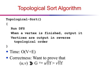Topological Sort Algorithm
Topological-Sort()
{
Run DFS
When a vertex is finished, output it
Vertices are output in reverse
topological order
}
● Time: O(V+E)
● Correctness: Want to prove that
(u,v)  G  uf > vf
 