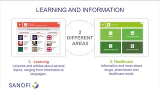 2
DIFFERENT
AREAS
1.  Learning
Lectures and articles about several
topics, ranging from informatics to
languages.
2. Healthcare
Information and news about
drugs, pharmacies and
healthcare world.
	
  	
  
LEARNING AND INFORMATION
 