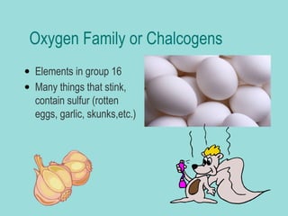 Oxygen Family or Chalcogens
• Elements in group 16
• Many things that stink,
contain sulfur (rotten
eggs, garlic, skunks,etc.)

Click to edit the outline text format
− Second Outline Level
 Third Outline Level
− Fourth Outline Level
 Fifth Outline Level
 Sixth Outline Level
 Seventh Outline
Level

 