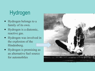 Hydrogen
• Hydrogen belongs to a
family of its own.
• Hydrogen is a diatomic,
reactive gas.
• Hydrogen was involved in
the explosion of the
Hindenberg.
• Hydrogen is promising as
an alternative fuel source
for automobiles

 Click to edit the outline text format
−

Second Outline Level
 Third Outline Level
− Fourth Outline Level
 Fifth Outline Level
 Sixth Outline Level

•

Seventh Outline LevelClick to edit Master
text styles

− Second level
− Third level

• Fourth level
− Fifth level

 