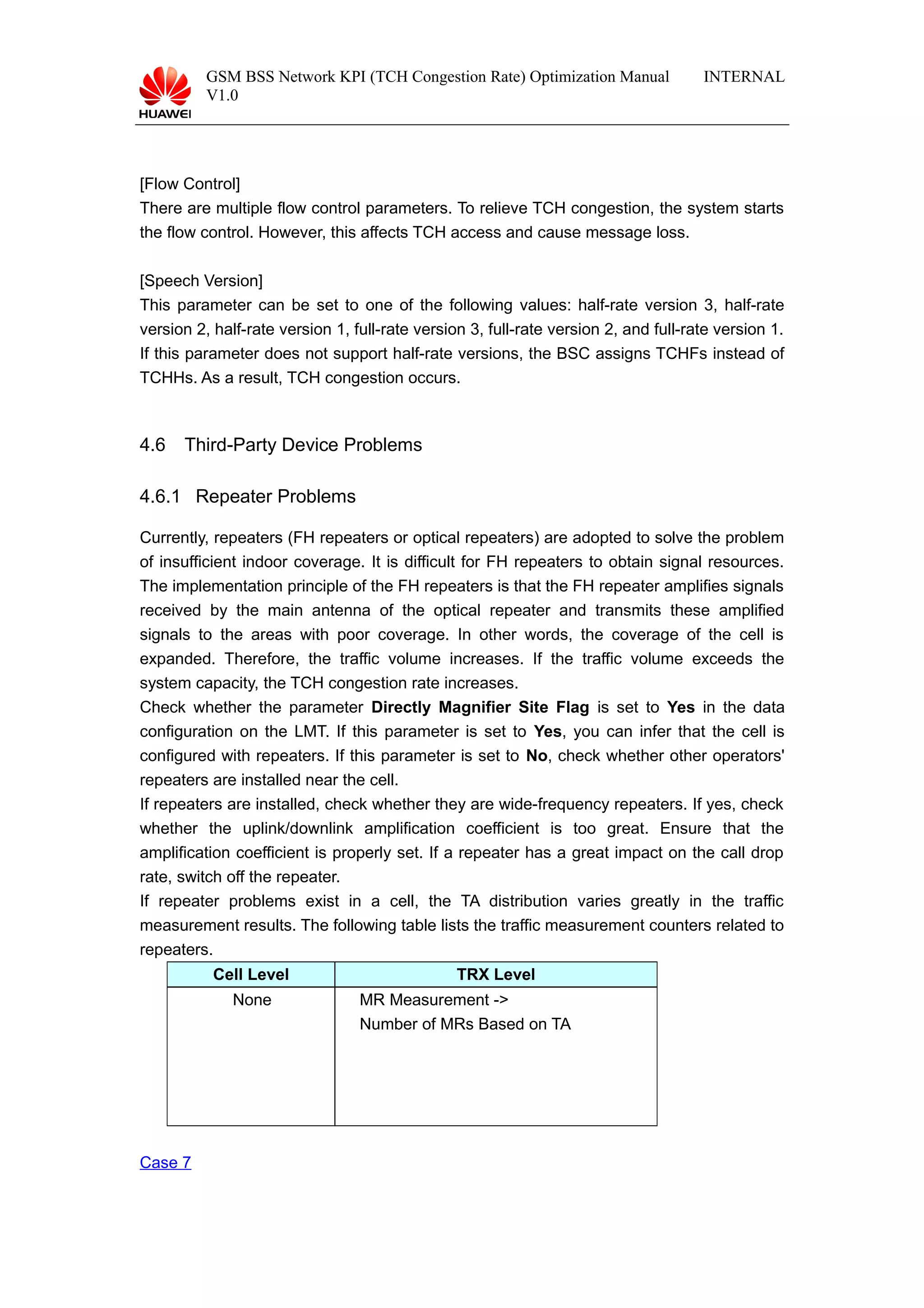 GSM BSS Network KPI (TCH Congestion Rate) Optimization Manual
V1.0
INTERNAL
[Flow Control]
There are multiple flow control parameters. To relieve TCH congestion, the system starts
the flow control. However, this affects TCH access and cause message loss.
[Speech Version]
This parameter can be set to one of the following values: half-rate version 3, half-rate
version 2, half-rate version 1, full-rate version 3, full-rate version 2, and full-rate version 1.
If this parameter does not support half-rate versions, the BSC assigns TCHFs instead of
TCHHs. As a result, TCH congestion occurs.
4.6 Third-Party Device Problems
4.6.1 Repeater Problems
Currently, repeaters (FH repeaters or optical repeaters) are adopted to solve the problem
of insufficient indoor coverage. It is difficult for FH repeaters to obtain signal resources.
The implementation principle of the FH repeaters is that the FH repeater amplifies signals
received by the main antenna of the optical repeater and transmits these amplified
signals to the areas with poor coverage. In other words, the coverage of the cell is
expanded. Therefore, the traffic volume increases. If the traffic volume exceeds the
system capacity, the TCH congestion rate increases.
Check whether the parameter Directly Magnifier Site Flag is set to Yes in the data
configuration on the LMT. If this parameter is set to Yes, you can infer that the cell is
configured with repeaters. If this parameter is set to No, check whether other operators'
repeaters are installed near the cell.
If repeaters are installed, check whether they are wide-frequency repeaters. If yes, check
whether the uplink/downlink amplification coefficient is too great. Ensure that the
amplification coefficient is properly set. If a repeater has a great impact on the call drop
rate, switch off the repeater.
If repeater problems exist in a cell, the TA distribution varies greatly in the traffic
measurement results. The following table lists the traffic measurement counters related to
repeaters.
Cell Level TRX Level
None MR Measurement ->
Number of MRs Based on TA
Case 7
 