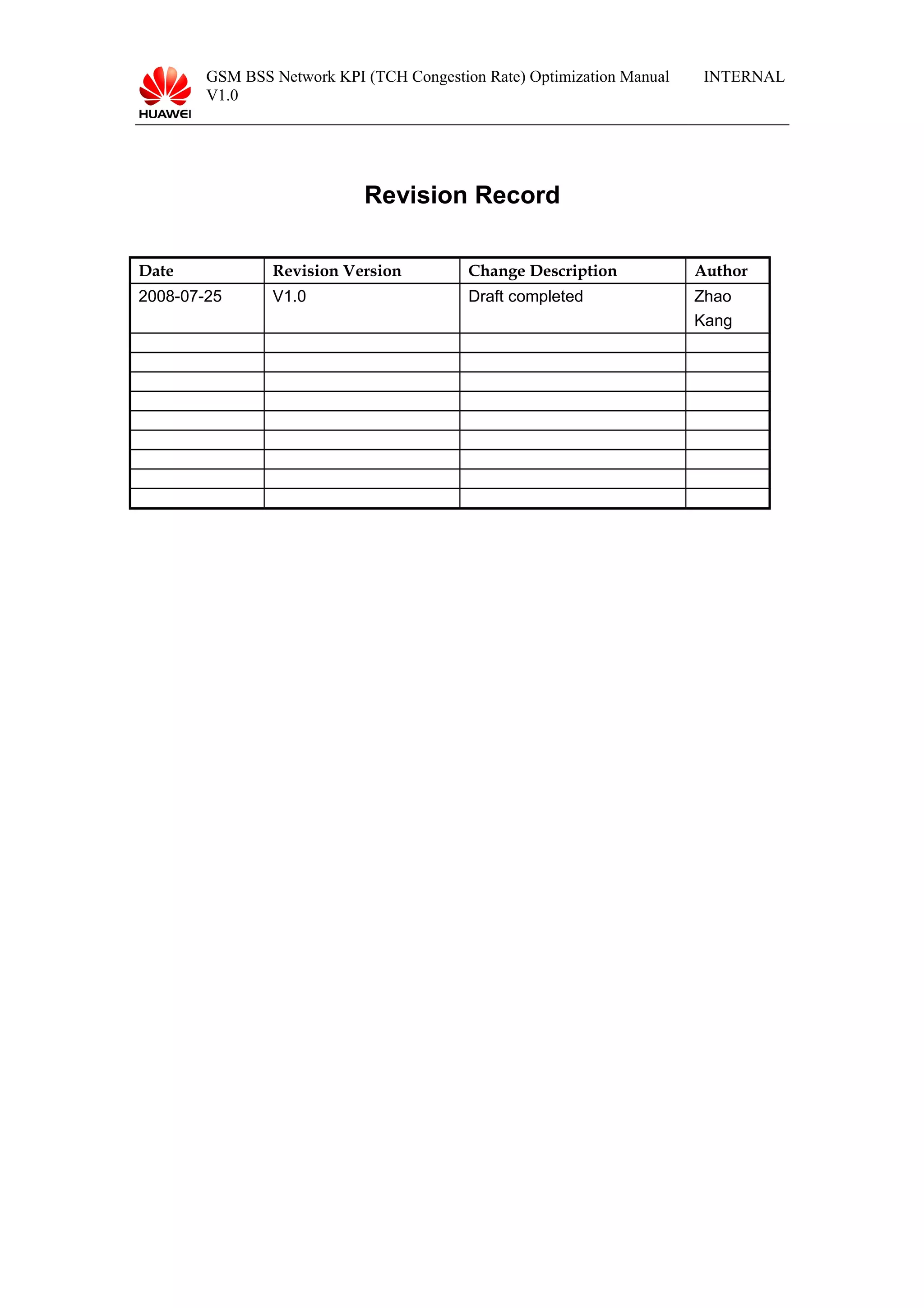 GSM BSS Network KPI (TCH Congestion Rate) Optimization Manual
V1.0
INTERNAL
Revision Record
Date Revision Version Change Description Author
2008-07-25 V1.0 Draft completed Zhao
Kang
 