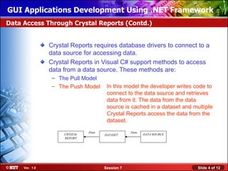 GUI Applications Development Using .NET Framework
Data Access Through Crystal Reports (Contd.)


                Crystal Reports requires database drivers to connect to a
                data source for accessing data.
                Crystal Reports in Visual C# support methods to access
                data from a data source. These methods are:
                 – The Pull Model
                 – The Push Model      In this model the developer writes code to
                                       connect to the data source and retrieves
                                       data from it. The data from the data
                                       source is cached in a dataset and multiple
                                       Crystal Reports access the data from the
                                       dataset.
                               Data               Data
                     CRYSTAL          DATASET            DATA SOURCE
                     REPORT




     Ver. 1.0                         Session 7                            Slide 4 of 12
 