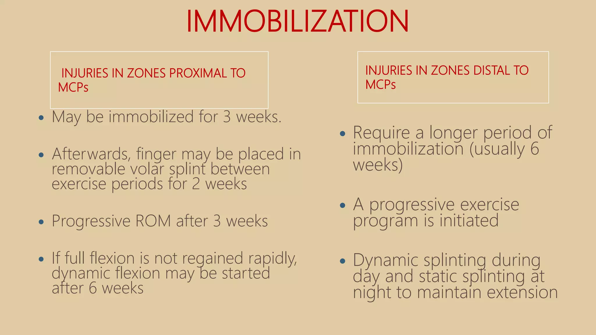 IMMOBILIZATION
INJURIES IN ZONES PROXIMAL TO
MCPs
INJURIES IN ZONES DISTAL TO
MCPs
 May be immobilized for 3 weeks.
 Afterwards, finger may be placed in
removable volar splint between
exercise periods for 2 weeks
 Progressive ROM after 3 weeks
 If full flexion is not regained rapidly,
dynamic flexion may be started
after 6 weeks
 Require a longer period of
immobilization (usually 6
weeks)
 A progressive exercise
program is initiated
 Dynamic splinting during
day and static splinting at
night to maintain extension
 