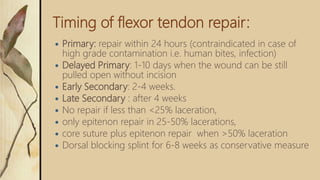 Timing of flexor tendon repair:
 Primary: repair within 24 hours (contraindicated in case of
high grade contamination i.e. human bites, infection)
 Delayed Primary: 1-10 days when the wound can be still
pulled open without incision
 Early Secondary: 2-4 weeks.
 Late Secondary : after 4 weeks
 No repair if less than <25% laceration,
 only epitenon repair in 25-50% lacerations,
 core suture plus epitenon repair when >50% laceration
 Dorsal blocking splint for 6-8 weeks as conservative measure
 